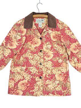 LL Bean Womens Barn Coat Field Utility Jacket 90s Chore Jacket Floral Red PM Vtg